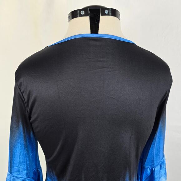 Jiang Wu Blouse Women's XS Black Blue White Fit & Flare 3/4 Sleeves Ruffles NWT - Picture 5 of 16